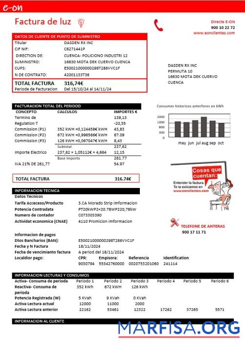 Downloadable Spain E.ON electricity business utility bill template in Word and PDF formats